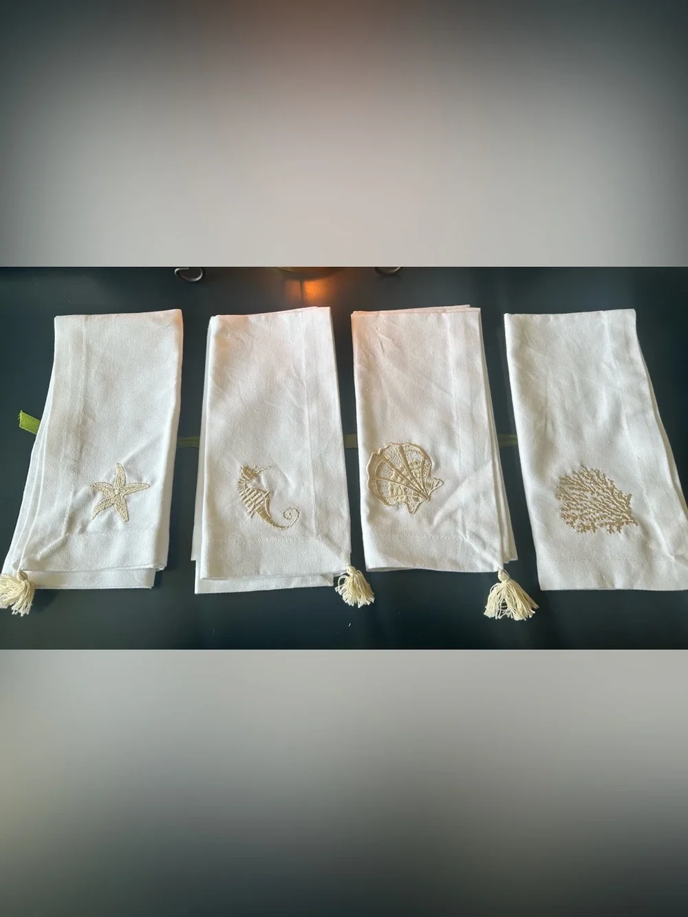 Set of 4 Embroidered Gold Coastal Beach Napkins With Tassels